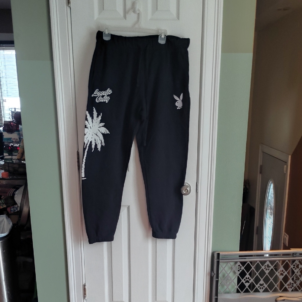 PLAYBOY Unisex Black Sweatpants with Palm Design